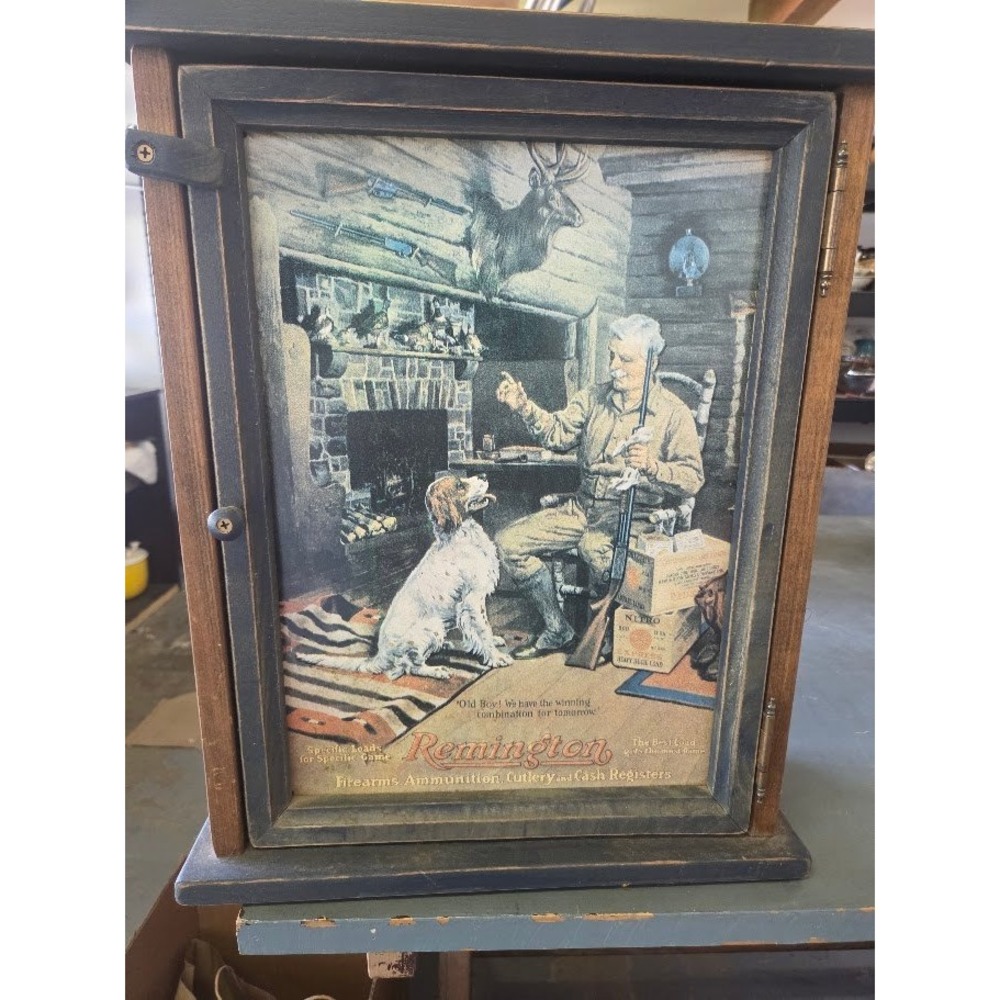 Remington Firearms Wood Wall Cabinet Vintage Hunting Scene Tin Door Storage Box